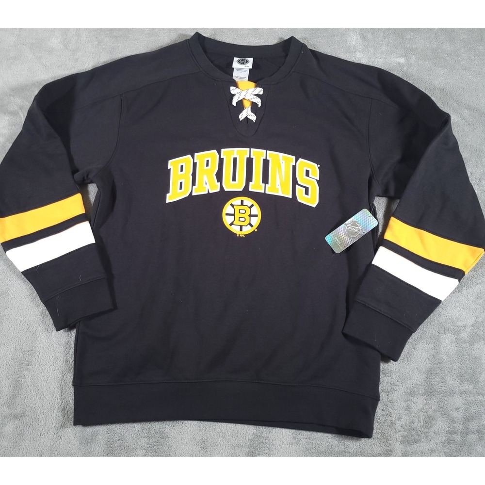 NHL Sweatshirt Mens Large Black Boston Bruins Lace Up Fleece Hockey Fan Gear NWT